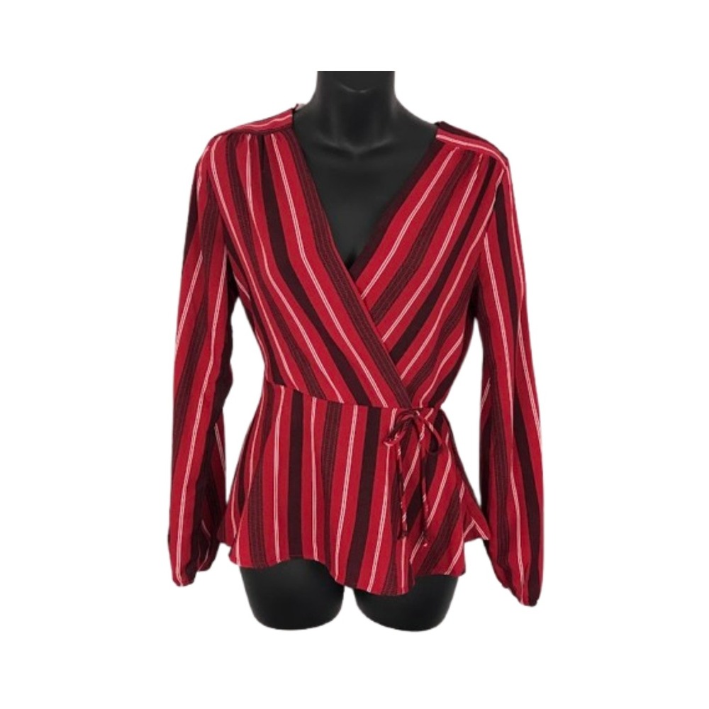 Monteau Striped Wrap Top Blouse Long Sleeve Red Black White Women's Size S